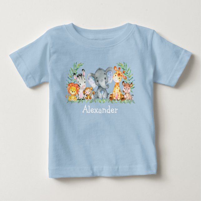Watercolor Safari Baby Animals Blue T-Shirt (Front)