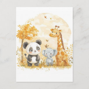 Watercolor Safari Baby Animals Cartoon Vector Card
