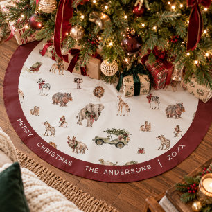 Watercolor Safari Christmas Animal Pattern Brushed Polyester Tree Skirt