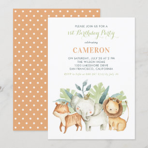 Watercolor Safari Friends Kids Birthday Party Invitation