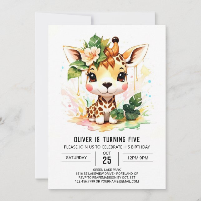 Watercolor Safari Giraffe Birthday Invitation (Front)