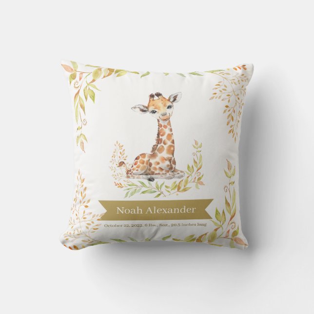 Watercolor Safari Giraffe Green Nursery Birth Stat Cushion (Front)