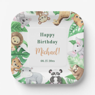 Watercolor Safari Jungle Animals Birthday Paper Plate