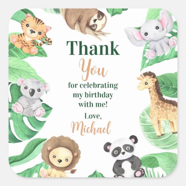 Watercolor Safari Jungle Animals Birthday Thank Square Sticker (Front)