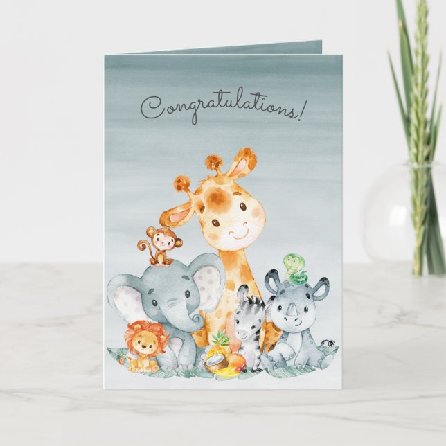 Watercolor Safari Jungle Animals Congratulations Card (Front)