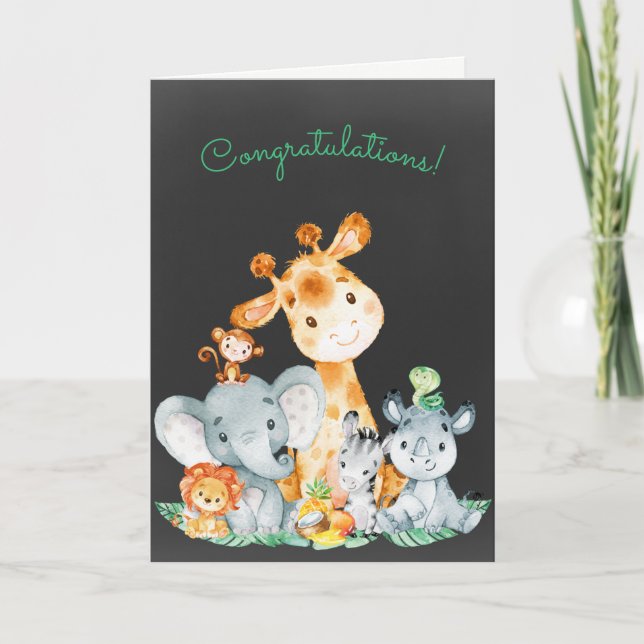 Watercolor Safari Jungle Animals Congratulations Card (Front)