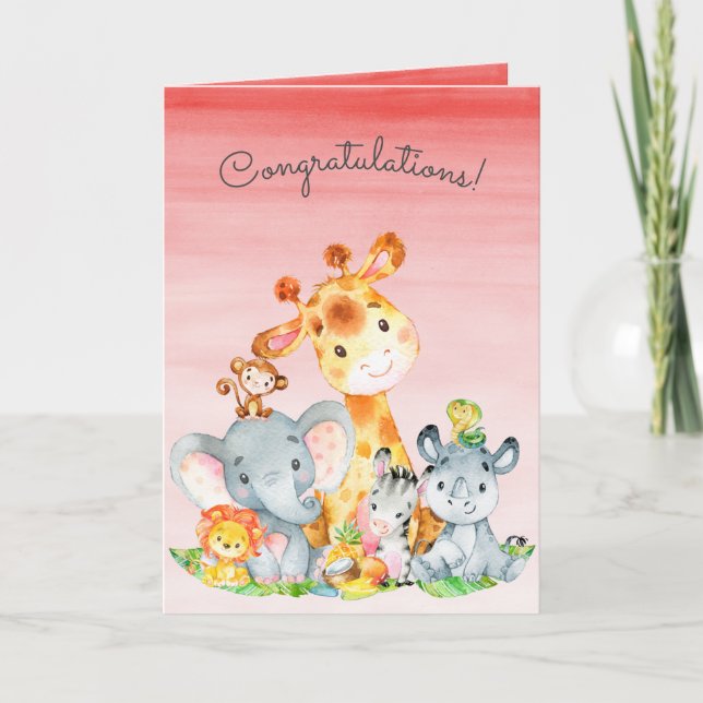 Watercolor Safari Jungle Animals Congratulations Card (Front)