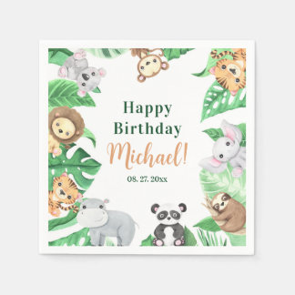 Watercolor Safari Jungle Animals Happy Birthday Napkin