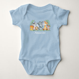 Watercolor Safari Jungle Baby Animals Blue Bodysuit