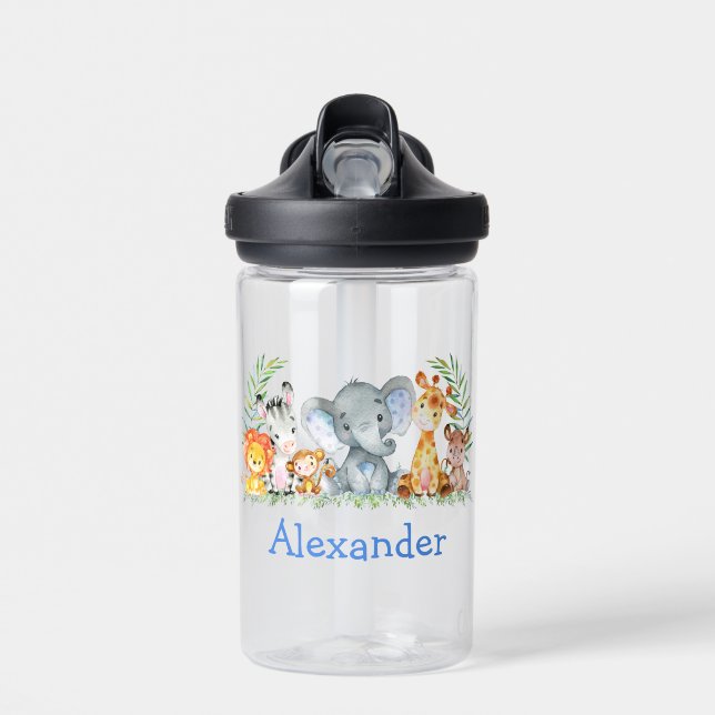 Watercolor Safari Jungle Baby Animals Blue Name Water Bottle (Front)