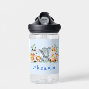 Watercolor Safari Jungle Baby Animals Blue Water Bottle