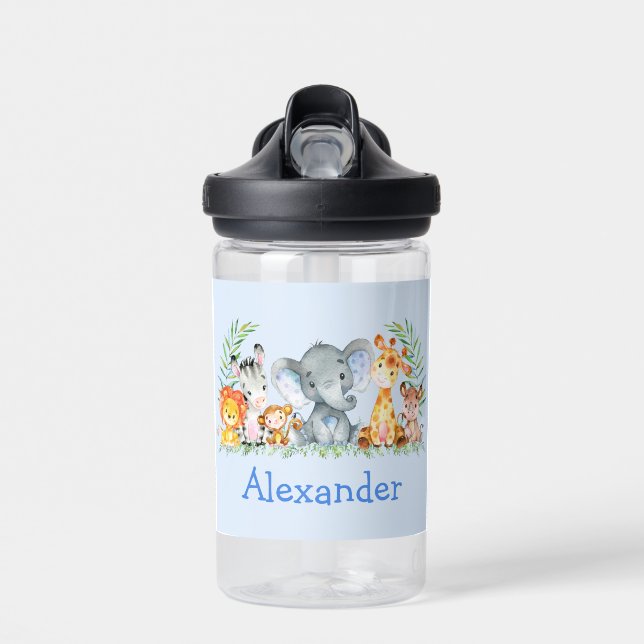 Watercolor Safari Jungle Baby Animals Blue Water Bottle (Front)