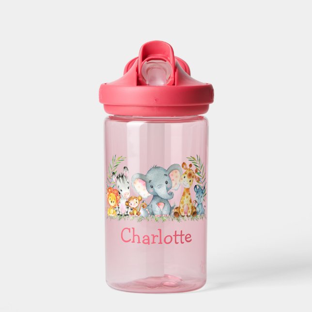 Watercolor Safari Jungle Baby Animals Pink Name Water Bottle (Front)