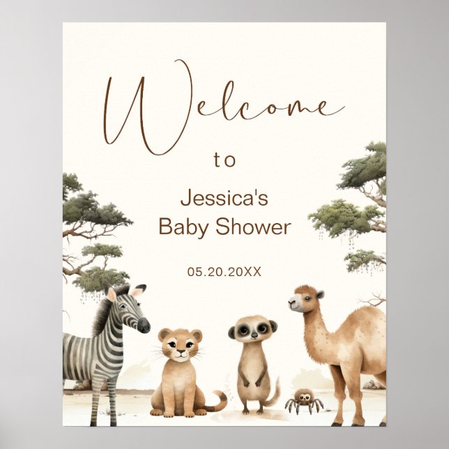 Watercolor Safari Jungle Baby Shower Welcome Poster (Front)