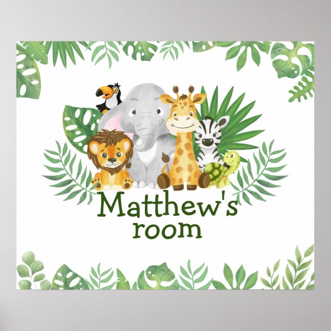 Watercolor Safari Jungle Tropical Animals Greenery Poster (Front)