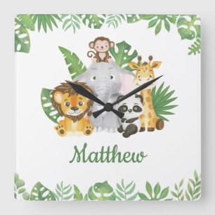 Watercolor Safari Jungle Tropical Animals Greenery Square Wall Clock