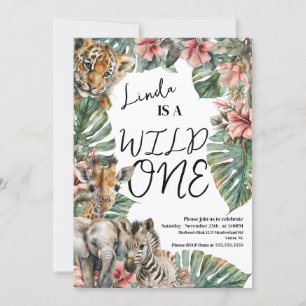 Watercolor Safari Wild One Baby Animals Birthday Invitation