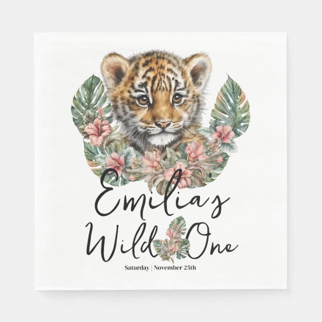 Watercolor Safari Wild One Baby Tiger Cub Birthday Napkin (Front)