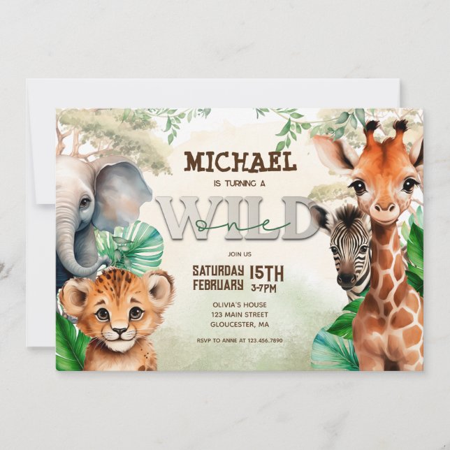 Watercolor Safari Wild One Invitation (Front)