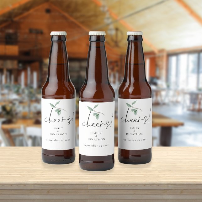 Watercolor Sage Eucalyptus Cheers Names Wedding Beer Bottle Label (Creator Uploaded)