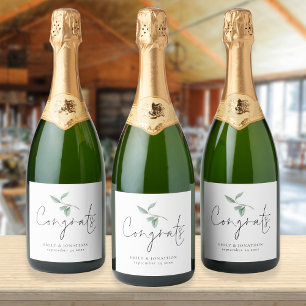 Watercolor Sage Eucalyptus Congrats Names Wedding Sparkling Wine Label