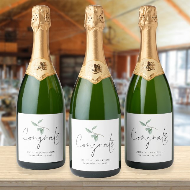 Watercolor Sage Eucalyptus Congrats Names Wedding Sparkling Wine Label (Creator Uploaded)