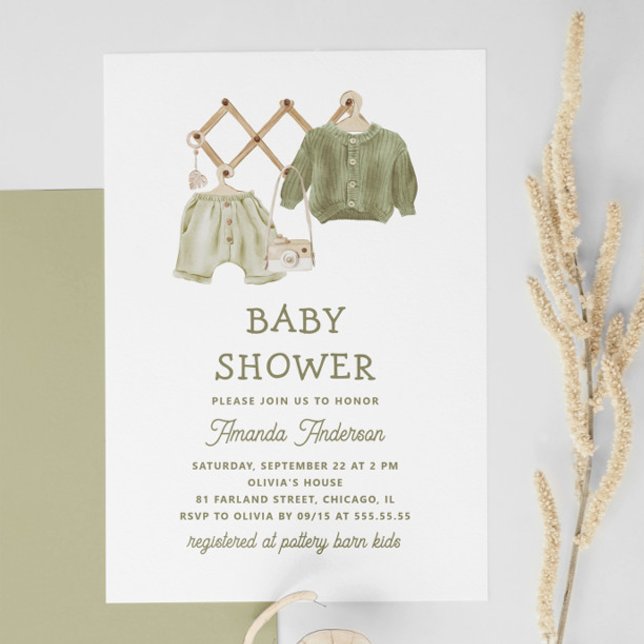 Watercolor Sage Green Clothes. Neutral Baby Shower Invitation (Creator Uploaded)