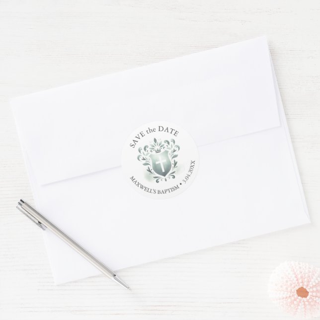 Watercolor Sage Green Crest Classic Round Sticker (Envelope)