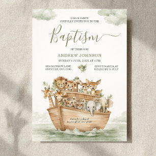 Watercolor Sage Green Cute Noah's Ark Boy Baptism Invitation