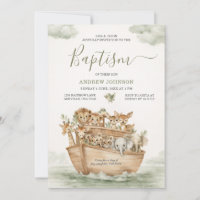 Watercolor Sage Green Cute Noah's Ark Boy Baptism