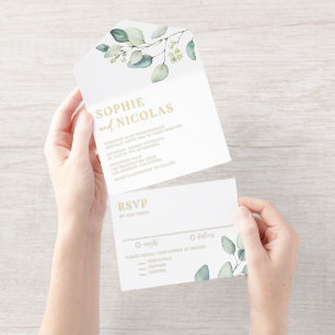 Watercolor Sage Green Eucalyptus Leaves Wedding All In One Invitation
