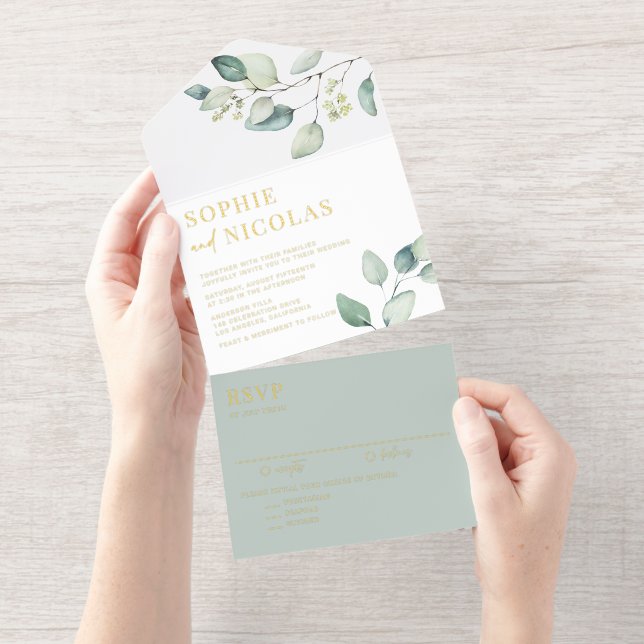 Watercolor Sage Green Eucalyptus Wedding All In One Invitation (Tearaway)