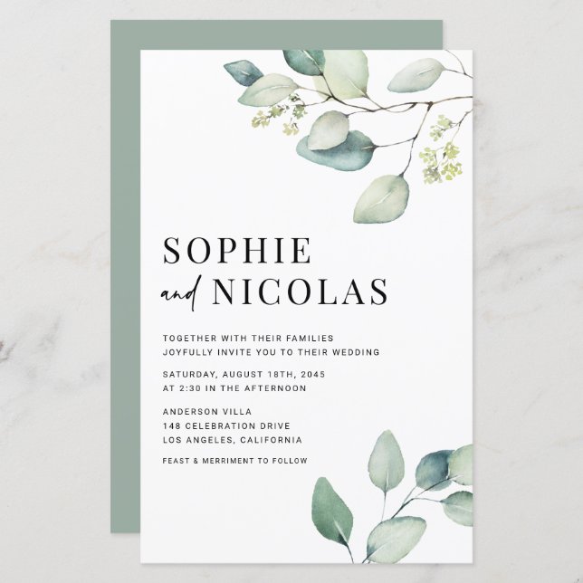 Watercolor Sage Green Eucalyptus Wedding Invite (Front/Back)