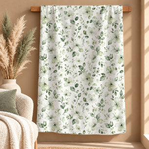 Watercolor sage green flowers leaves throw blanket