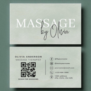 Watercolor Sage Green Massage Therapist QR Code  Business Card