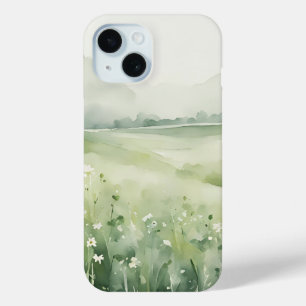 Watercolor Sage Green Meadow Landscape iPhone 15  Case