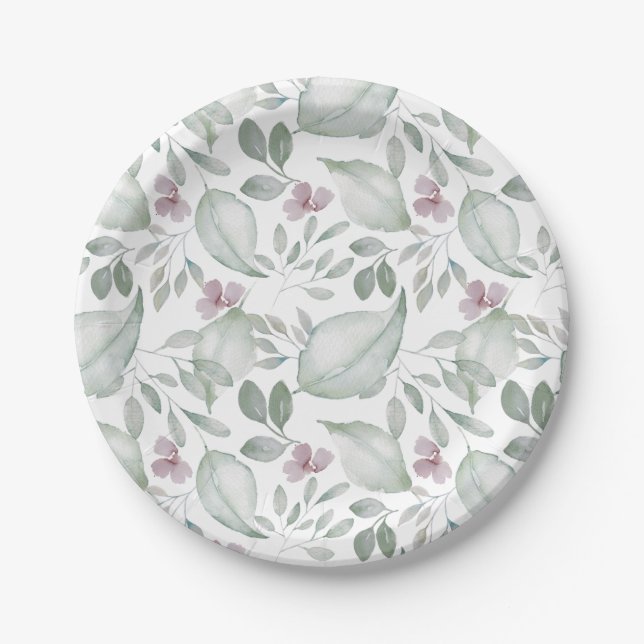 Watercolor Sage Green Pattern Paper Plate (Front)