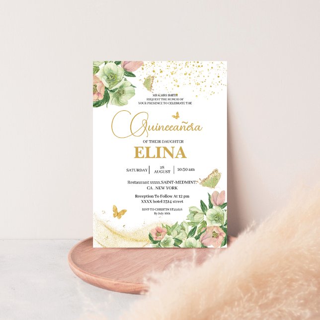 Watercolor sage green pink floral Quinceañera Invitation (Creator Uploaded)