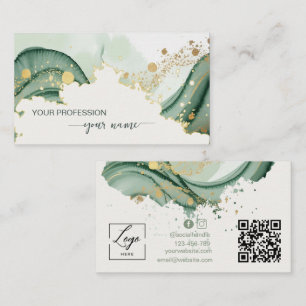 Watercolor Sage green Qr Code  Business Card