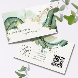 Watercolor Sage green Qr Code Business Card