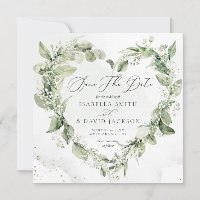Watercolor Sage Greenery Foliage Heart Romantic Save The Date (Front)