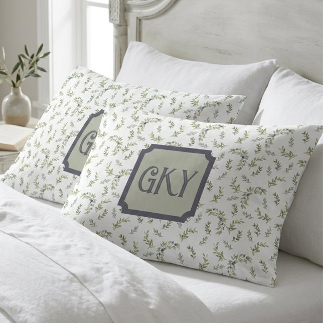 Watercolor Sage Monogram Olive Chic French Pattern Pillowcase (Creator Uploaded)