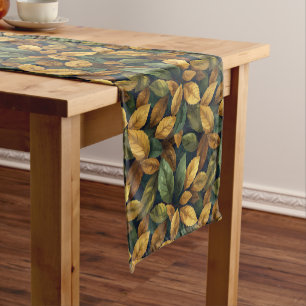 Watercolor sage orange yellow brown fall leaves short table runner
