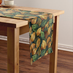 Watercolor sage orange yellow brown fall leaves short table runner