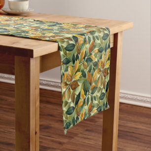 Watercolor sage orange yellow brown fall leaves short table runner