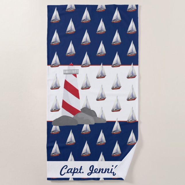 Watercolor sail boats and lighthouse custom name beach towel (Front)