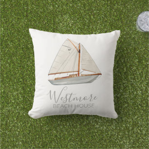Watercolor Sailboat Beach House Cushion