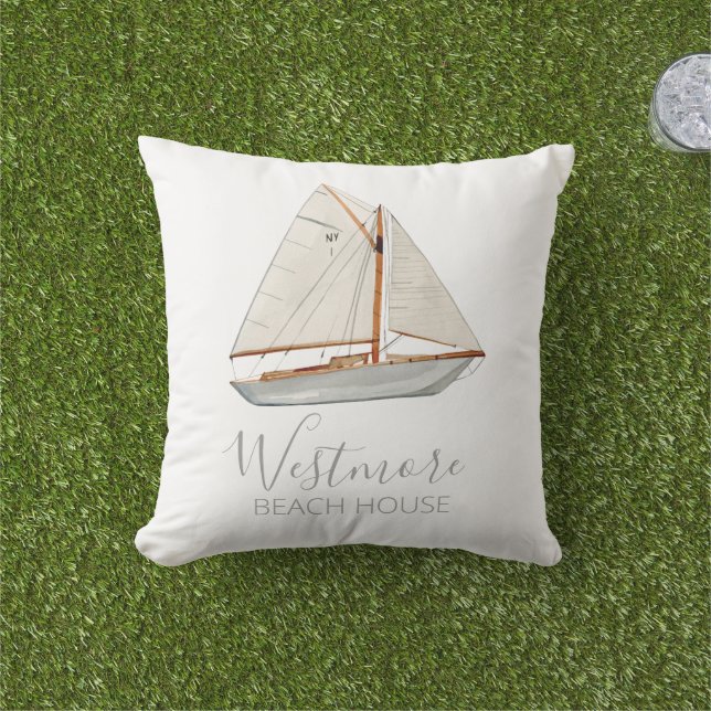 Watercolor Sailboat Beach House Cushion (Grass)