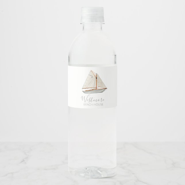 Watercolor Sailboat Beach House Water Bottle Label (Front)