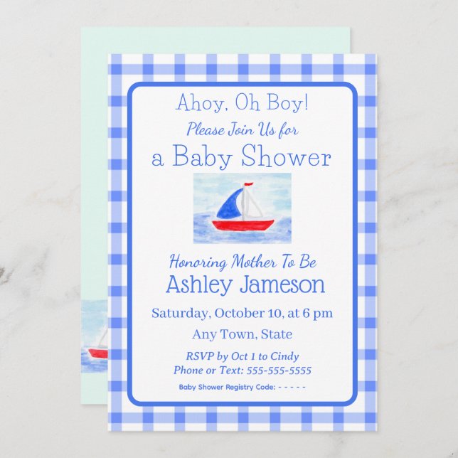 Watercolor Sailboat Blue Check Baby Shower Invitation (Front/Back)